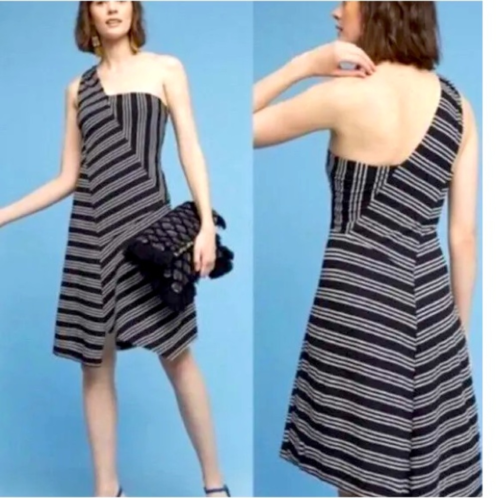 Maeve Moka Anthropologie Striped Black and White One-Shoulder Dress size small